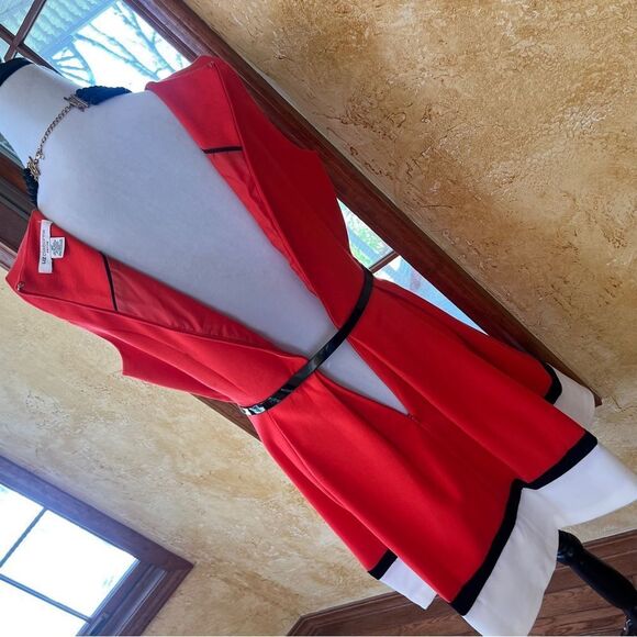 Liz Claiborne Color Block Orange, White Black Sleeveless Belted Dress Size 14P - Picture 4 of 8
